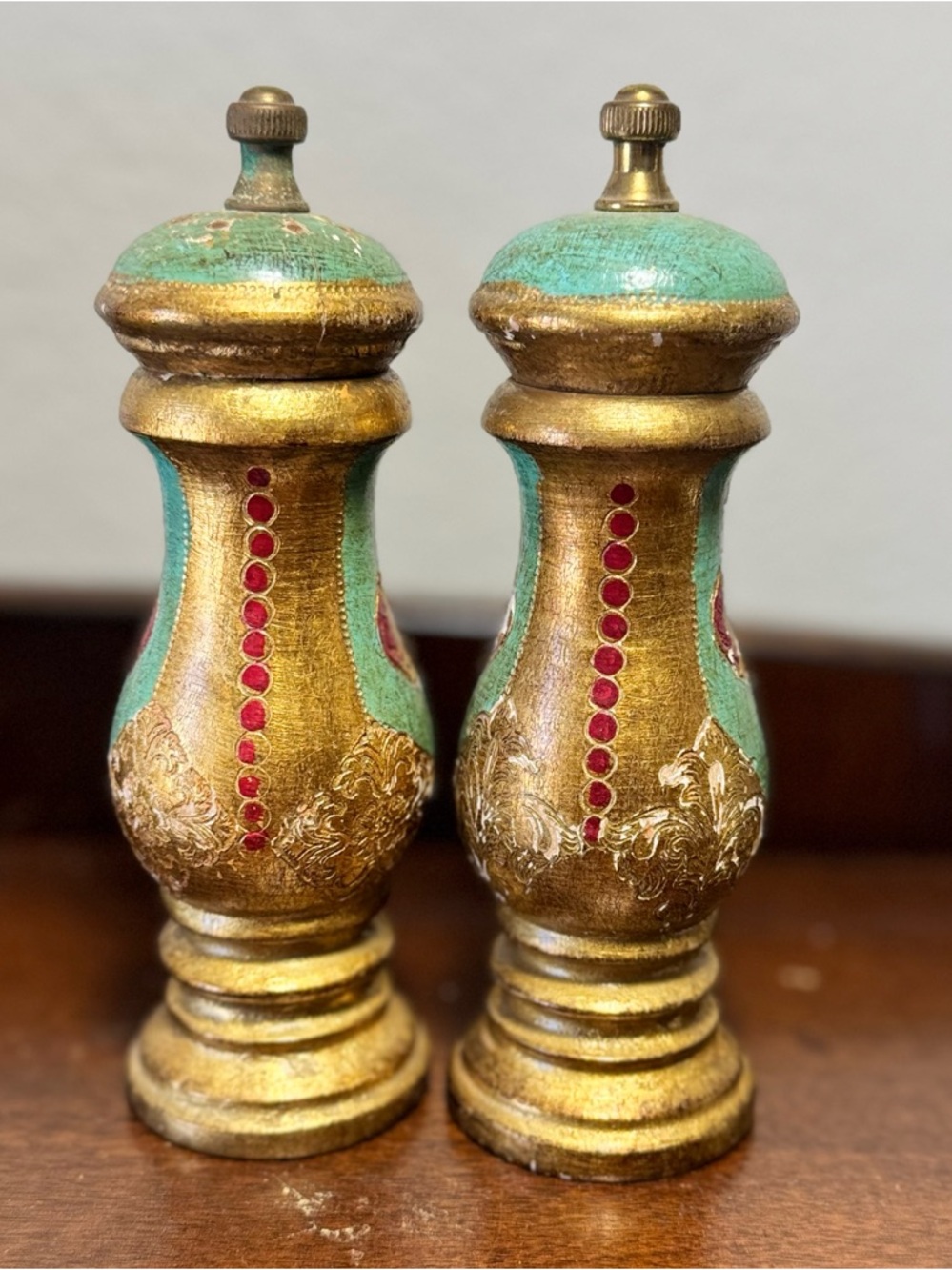 Vintage Florentine Teal Gold Gilt Pepper Mill & Salt Shaker Set- Italy - Picture 3 of 12